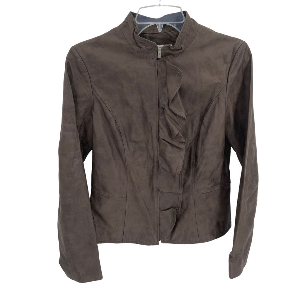 BOSTON PROPER Brown LEATHER JACKET Peplum Ruffles Size 6 womens zip front